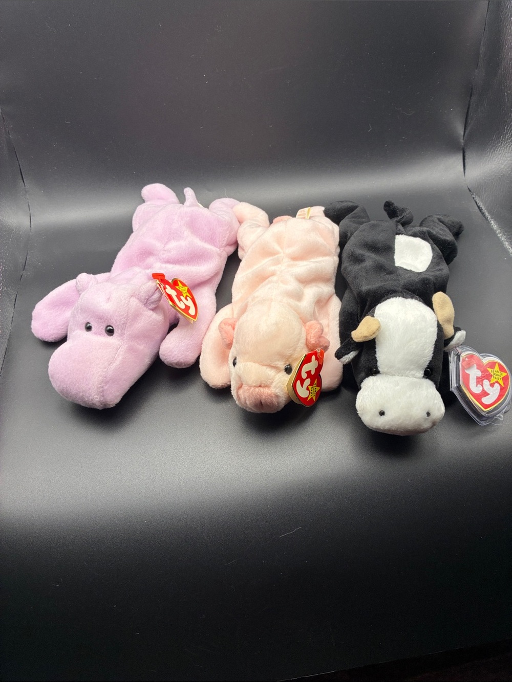Ty Plush Trio Set - Purple Hippo, Light Pink Pig, Black & White Cow